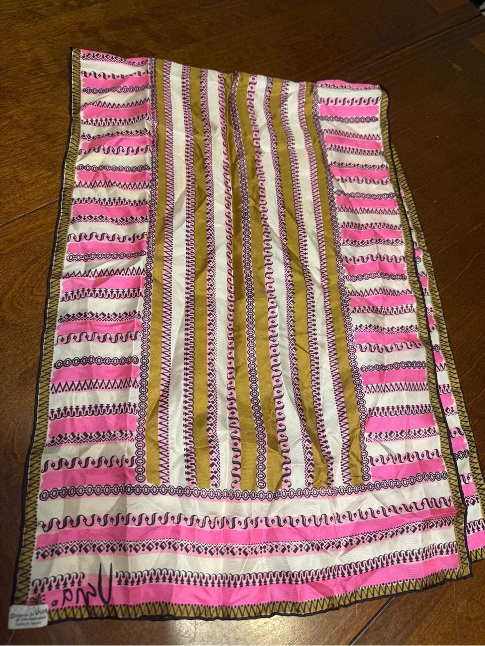 VTG Vera Neumann Silk Scarf Pink Olive Green Geometric Striped Long 14x44